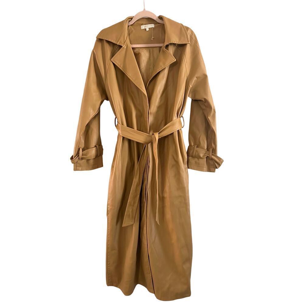 MESHKI Camel Tarah Faux Vegan Leather Trench Coat Jacket Belted - Sz Small